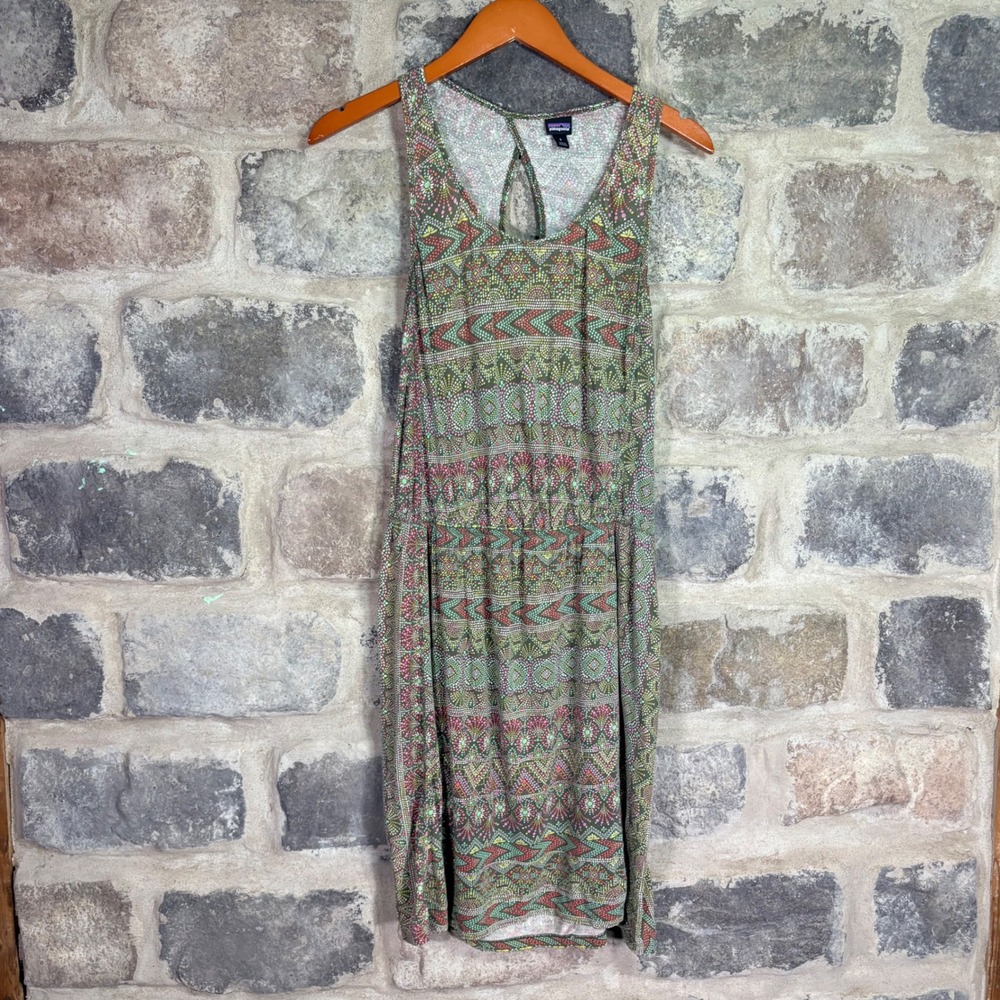 Patagonia Kamala Dress Green Pink Geometric Dot Print Sleeveless Small Gorpcore